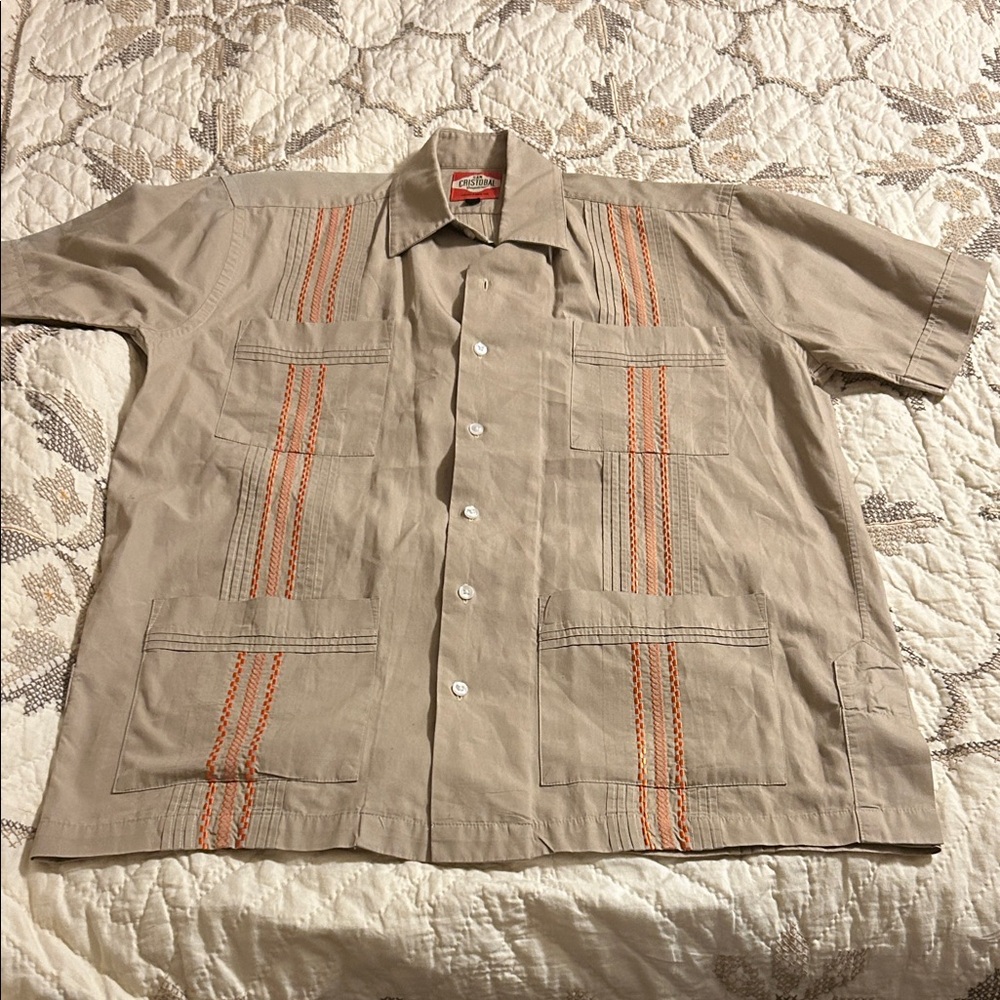 Classic Beige Guayabera-Style Short Sleeve Shirt with Orange Stitching